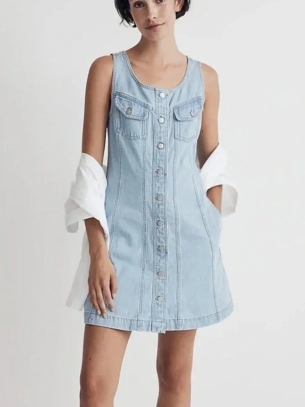 NWT Madewell Denim Sleeveless Seamed Mini Dress Blue Palomilla Wash Pocket Sz 0